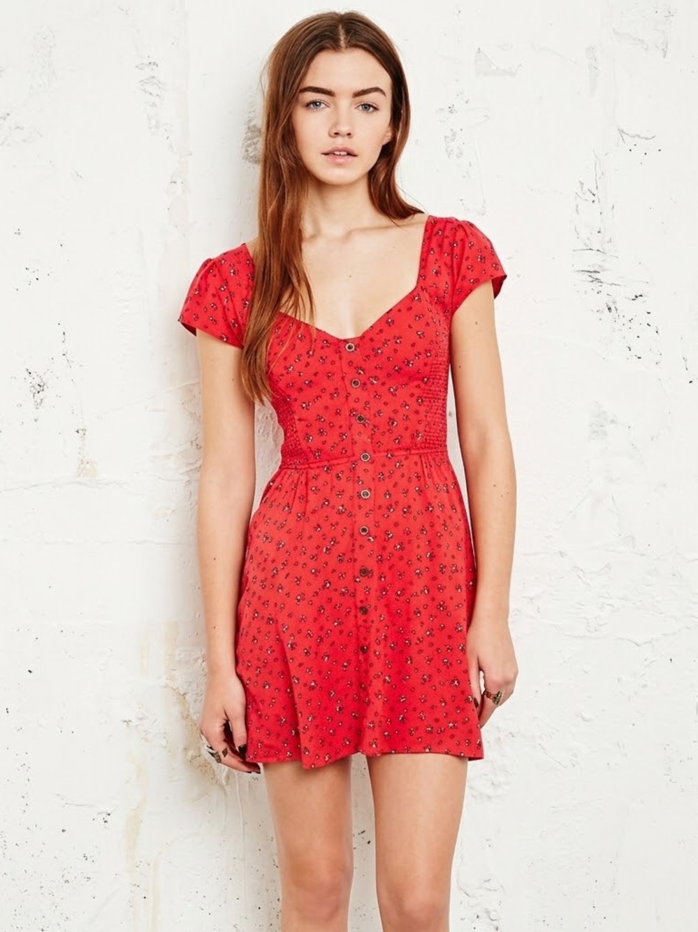 Vintage Kimchi Blue Floral Smocked Button Front Babydoll Coral Mini Dress XS